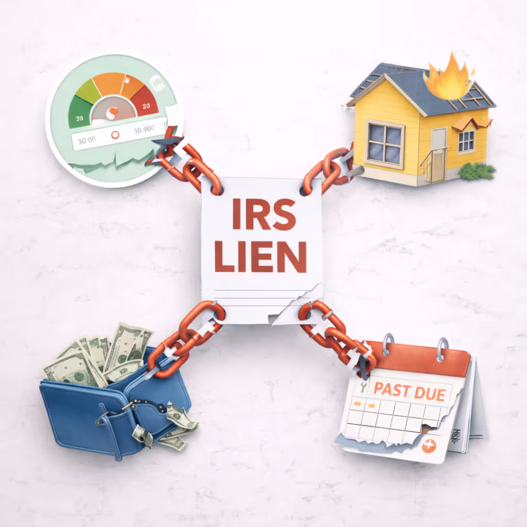 A torn paper labeled 'IRS LIEN' chained to icons representing a credit score meter, a house on fire, a wallet with money, and a calendar marked 'PAST DUE'.