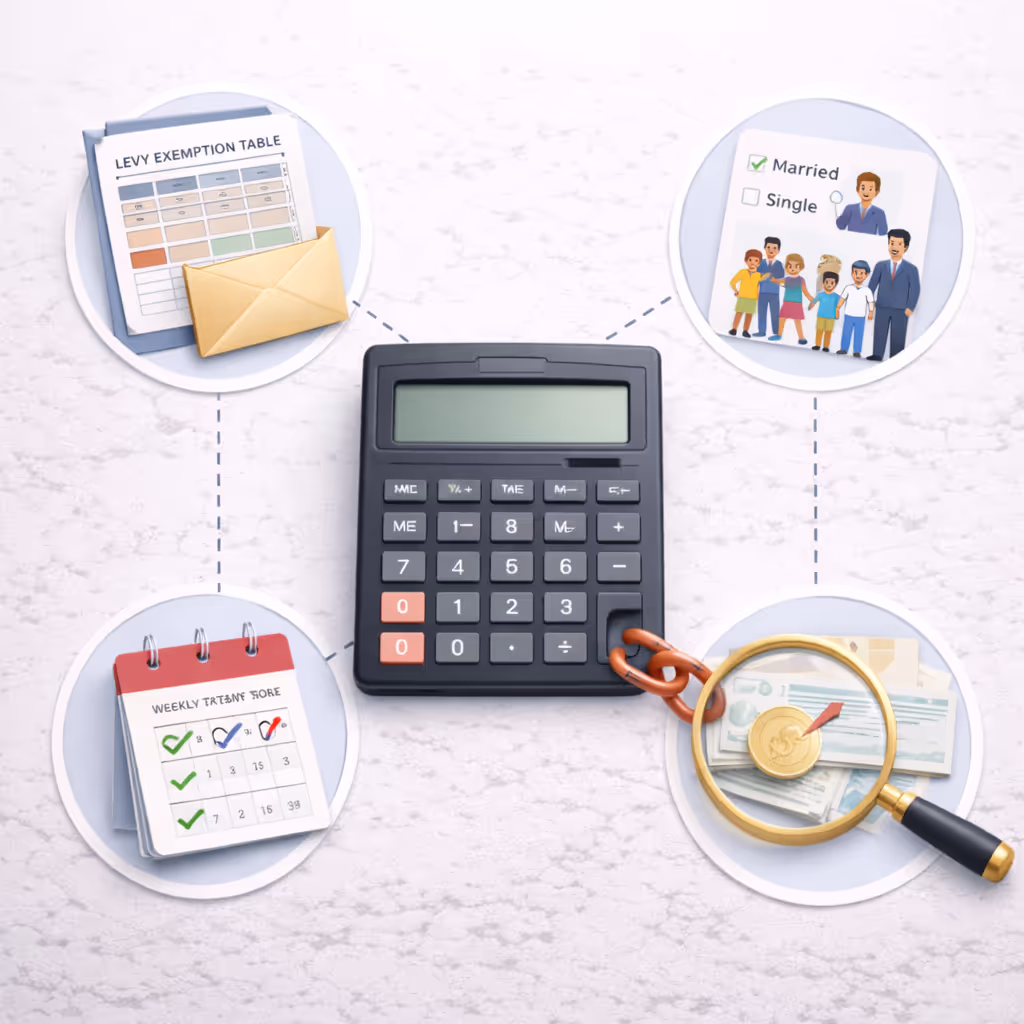 Black calculator chained to magnifying glass over money, surrounded by charts, levied exemption table, and marital status forms.