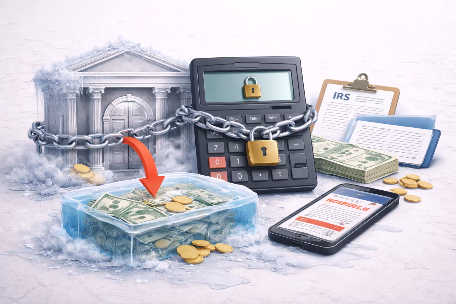 Illustration of a bank building, calculator with padlock and chain, IRS documents, cash, coins, and frozen money block with red arrow indicating seizure.