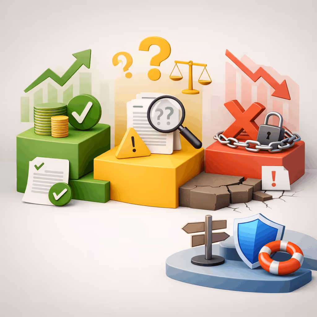 Illustration showing three colored blocks with symbols representing financial growth and approval in green, questions and caution in yellow, and decline with security issues in red, alongside a blue platform with a shield, life preserver, and directional sign.