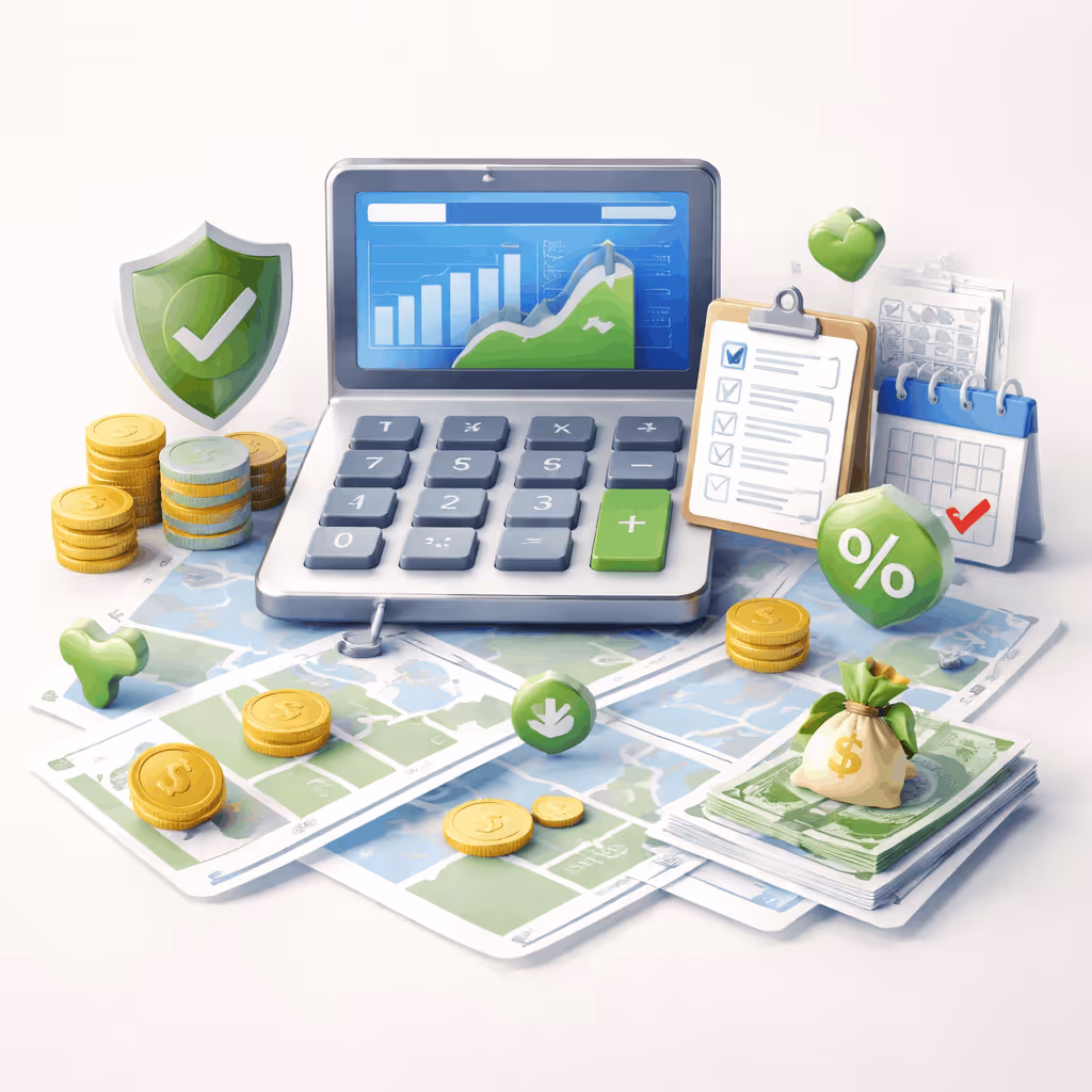 Calculator with financial charts on screen surrounded by coins, money stack, checklist, calendar, and green financial icons.