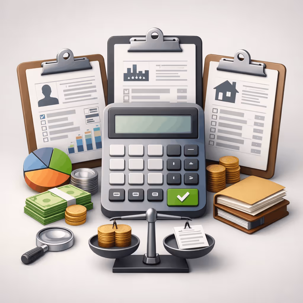 Calculator surrounded by clipboards with documents, stacks of coins, paper money, pie chart, magnifying glass, and balance scale.