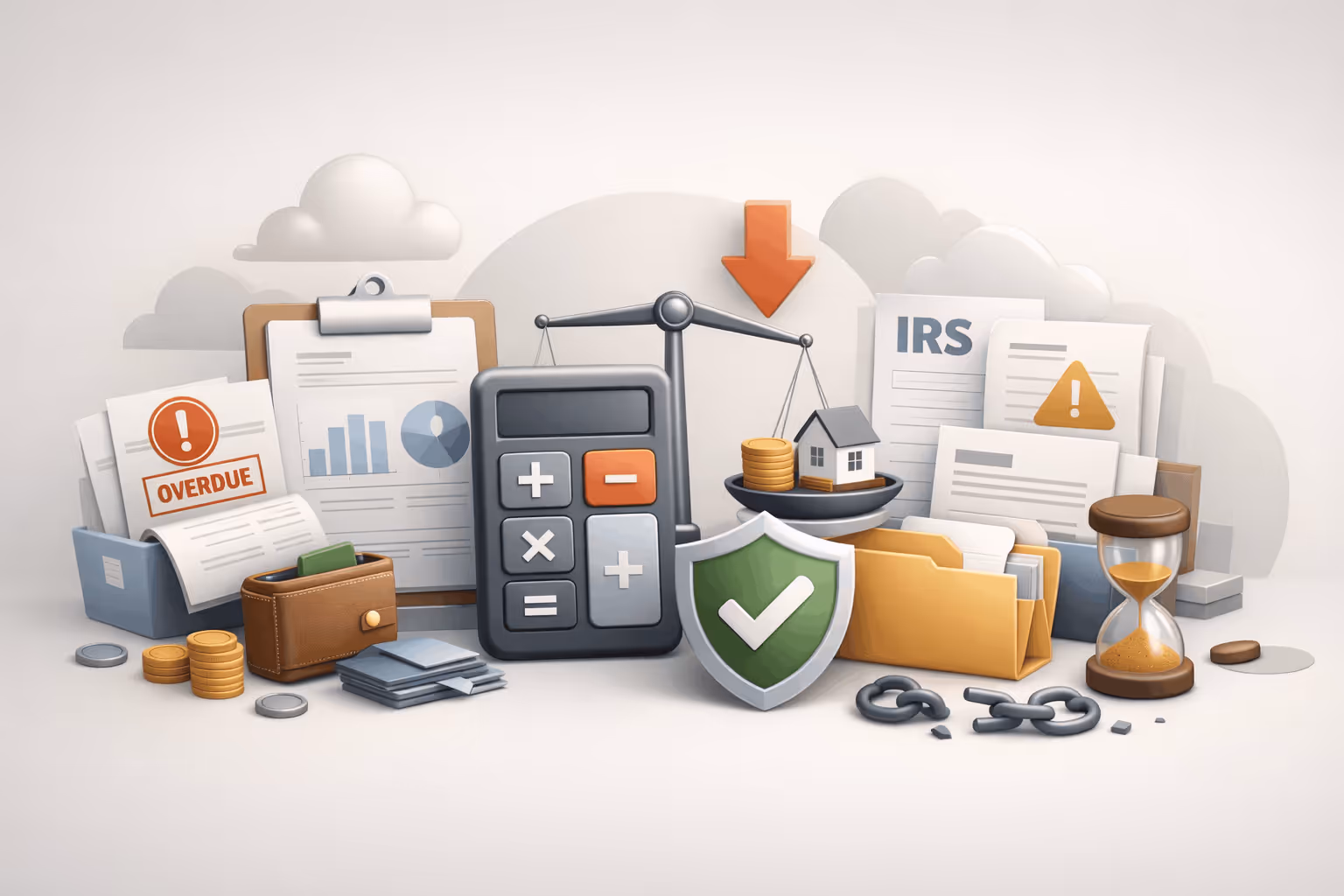 Conceptual illustration of financial and tax management including calculator, documents labeled IRS and overdue, balance scale with house and coins, wallet, shield with checkmark, hourglass, and files.