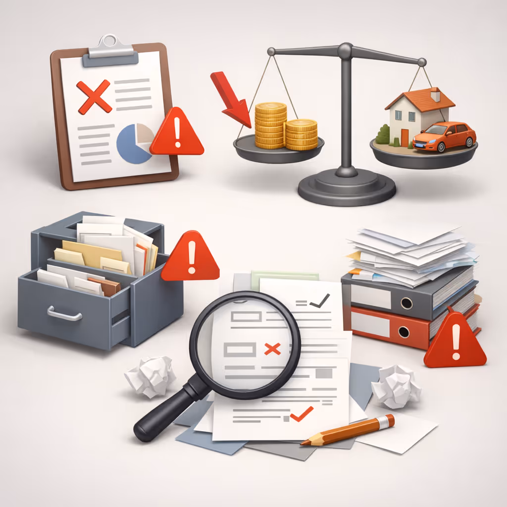 Illustration of financial and document review showing a clipboard with an error mark, a scale comparing coins to a house and car, a file drawer with warning signs, a magnifying glass over a checked document with errors, and piles of papers and binders with caution symbols.