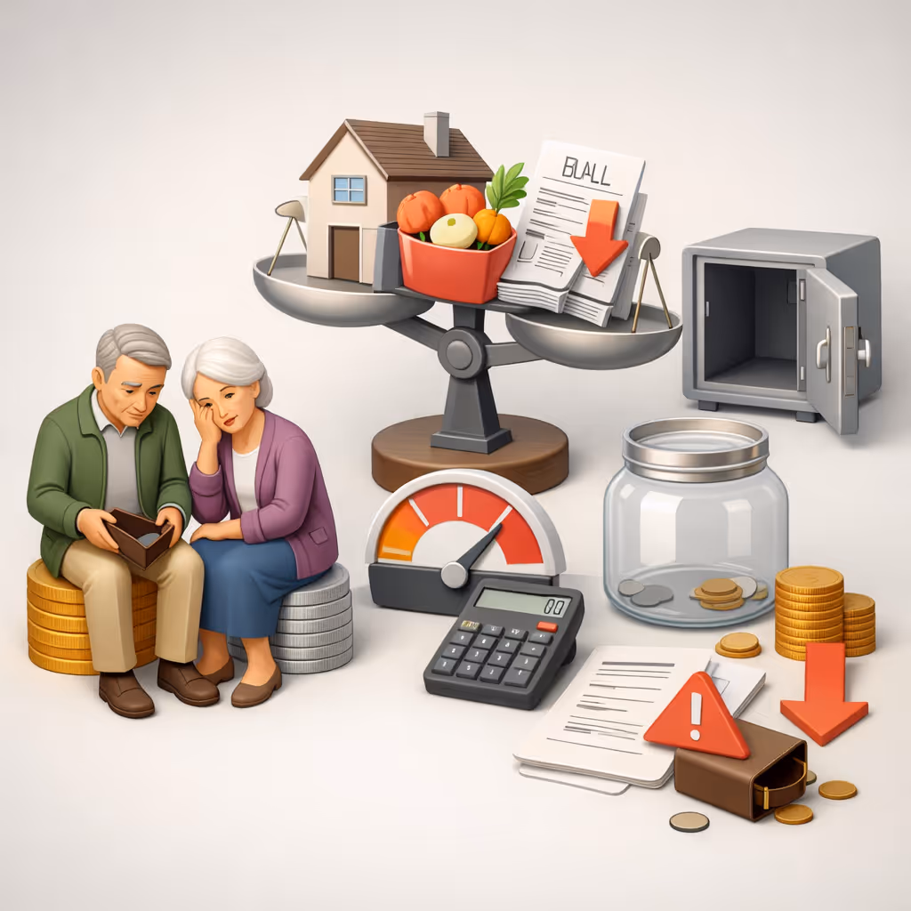 Elderly couple sitting on stacks of coins looking at an empty wallet, with a balance scale weighing house against groceries and bills showing financial stress.