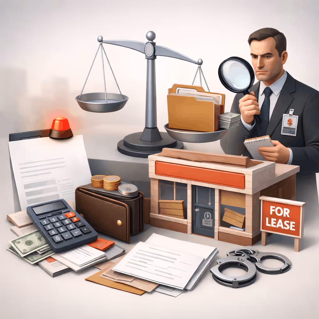 Illustration of a serious man in a suit with a magnifying glass examining documents next to a balance scale, calculator, wallet, handcuffs, and a small boarded-up building with a 'For Lease' sign.
