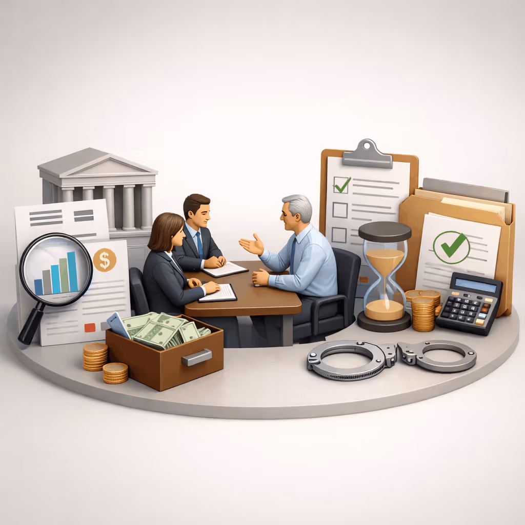 Illustration of three professionals discussing at a table surrounded by financial documents, money, coins, handcuffs, an hourglass, a calculator, and a courthouse symbolizing an IRS tax fraud investigation.