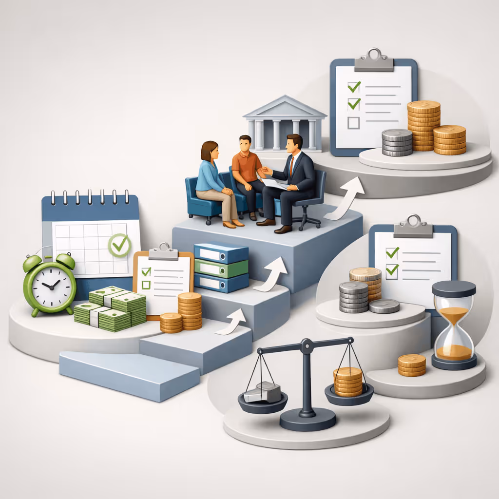 Illustration showing a couple consulting a professional seated on stairs surrounded by icons of money, clock, calendar, checklists, scales, coins, and hourglass representing IRS payment plan steps.