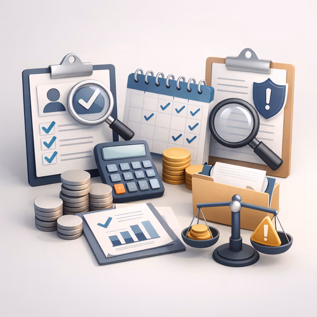 Financial planning illustration showing clipboards with checklists, magnifying glasses, a calculator, stacked coins, a calendar with checkmarks, a folder with documents, and a balance scale with coins and a warning symbol.