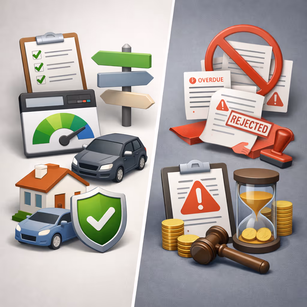 Split image showing positive insurance elements on the left with checkmarks, houses, cars, and a green shield, and negative financial/legal elements on the right with rejected documents, a red stamp, a gavel, and an hourglass with coins.