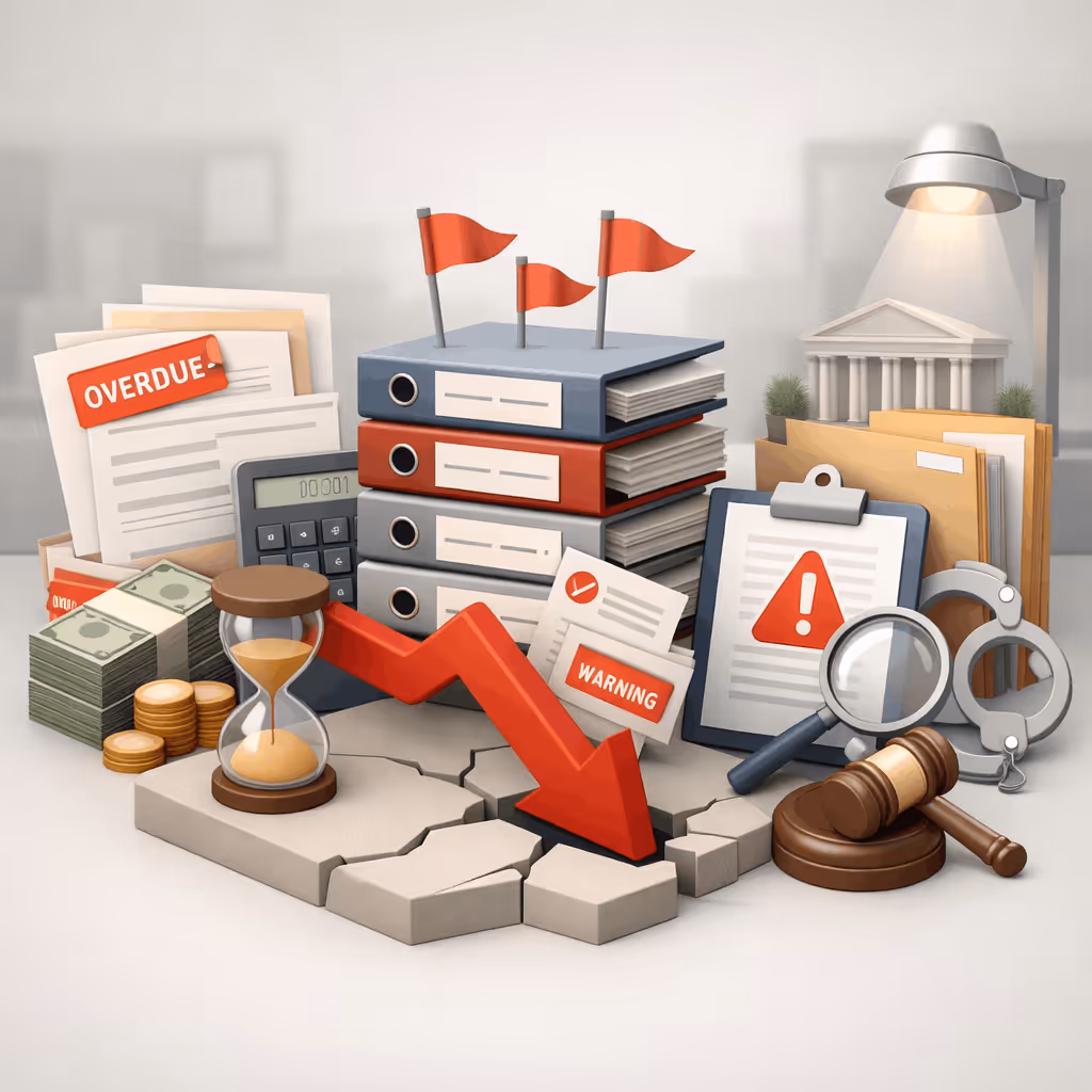 Illustration showing business financial risks with overdue documents, warning signs, a red declining arrow, money stacks, an hourglass, handcuffs, and a gavel on cracked ground.