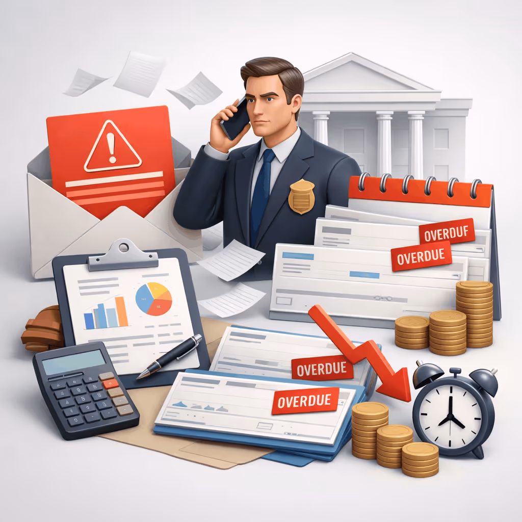 Serious man in suit with badge talking on phone surrounded by overdue bills, financial documents, calculator, coins, clock, and government building.