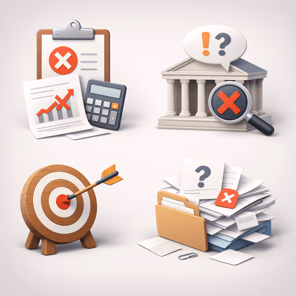 Four illustrations: clipboard with error mark, chart with declining arrow and calculator; courthouse with speech bubble and magnifying glass on error mark; wooden target with arrow in bullseye; folder with question mark papers and error mark.