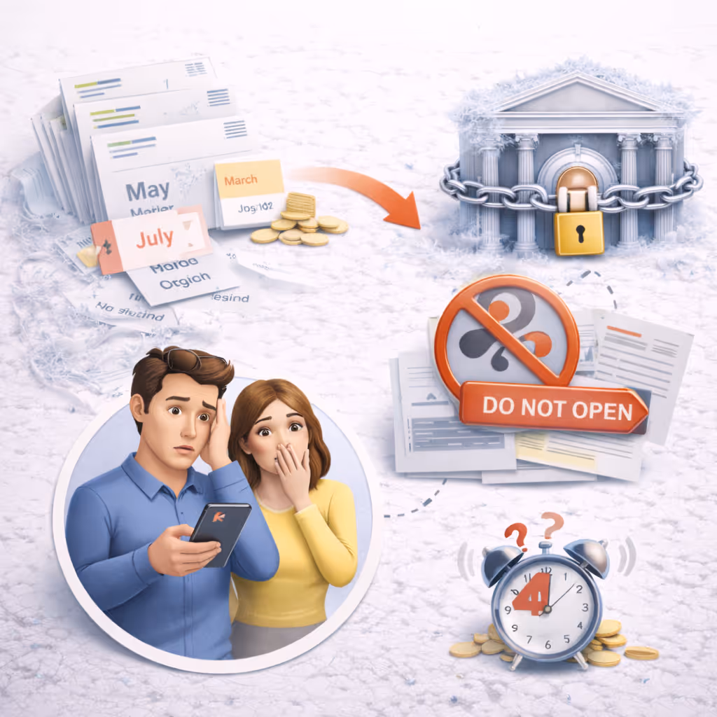 Illustration of worried couple looking at phone, overdue bills and coins, locked bank building with chain and padlock, a stack of papers with a 'Do Not Open' sign, and a ringing alarm clock with question marks.