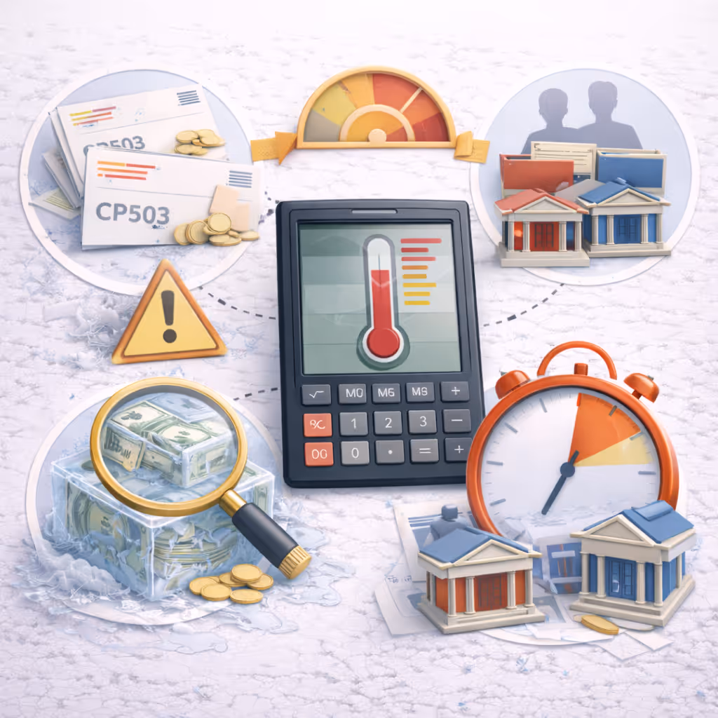 Calculator with a thermometer icon surrounded by images of documents, coins, magnified money bundles, warning sign, clock, and small bank buildings representing financial and time-related concepts.