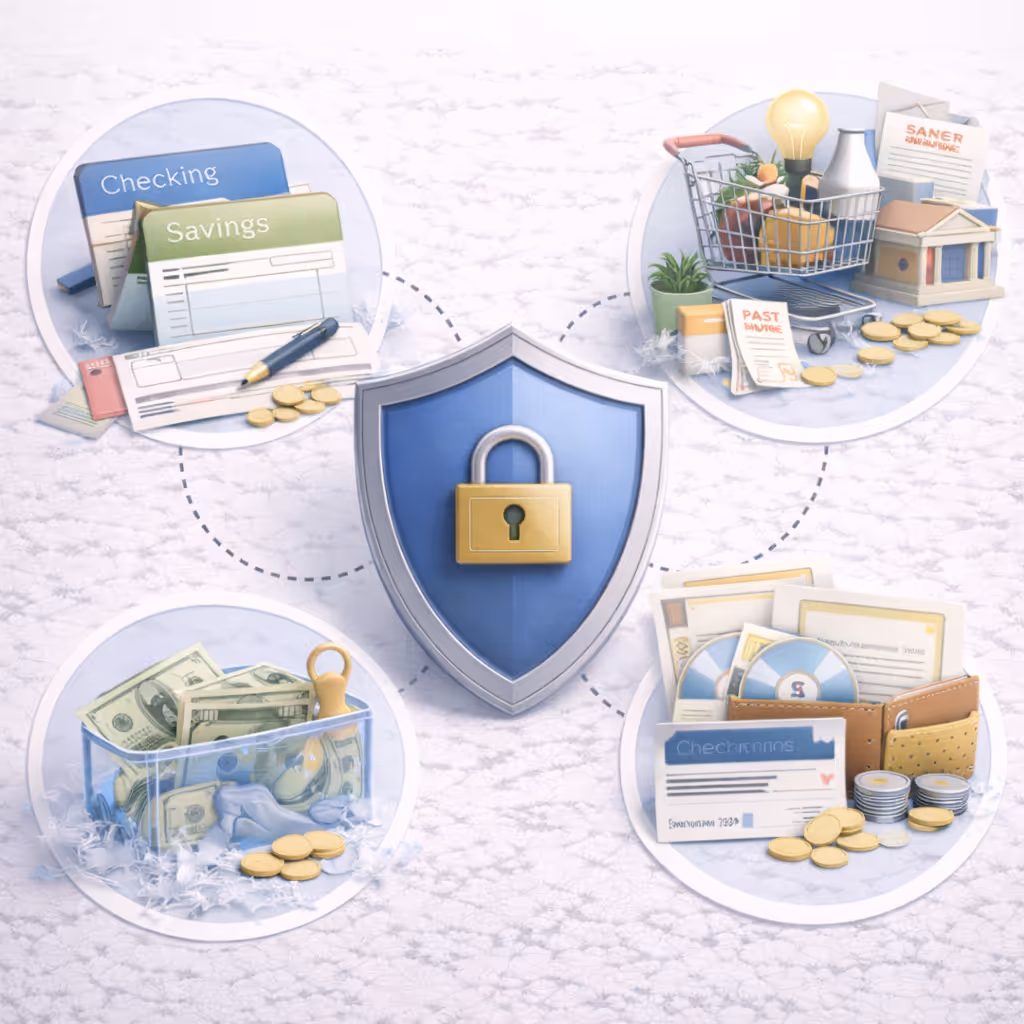 Central blue shield with a lock surrounded by four circles depicting financial elements: checking and savings accounts, grocery cart with bills and coins, cash in a container, and checks with wallet and coins.