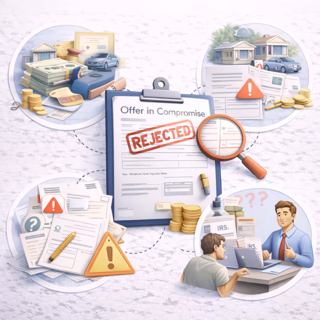 Illustration showing an Offer in Compromise form marked rejected, surrounded by money, assets, warning signs on documents, and a confused man consulting with a tax advisor.