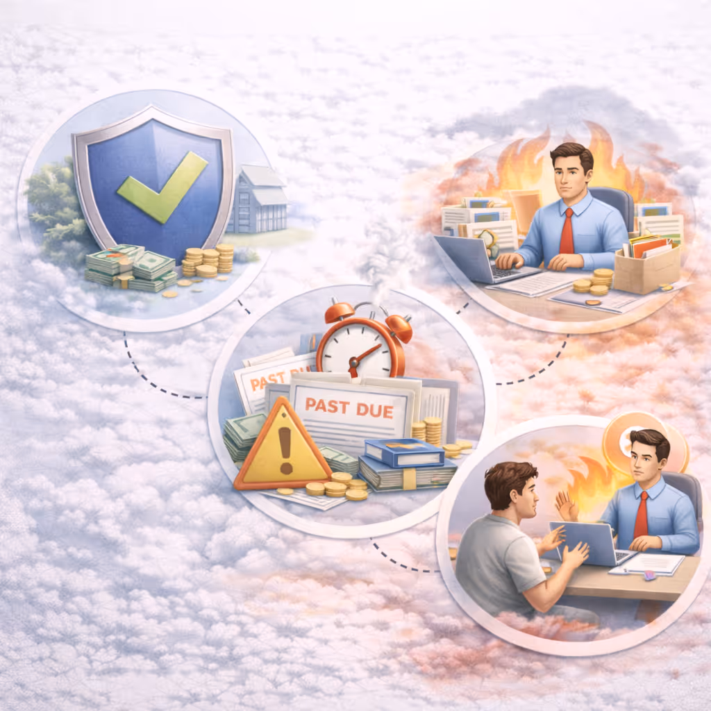 Illustration showing three scenarios related to finances: a shield with a checkmark protecting money and a house, overdue bills with a warning sign and coins, and a stressed man at a desk on fire handling paperwork with another man discussing.