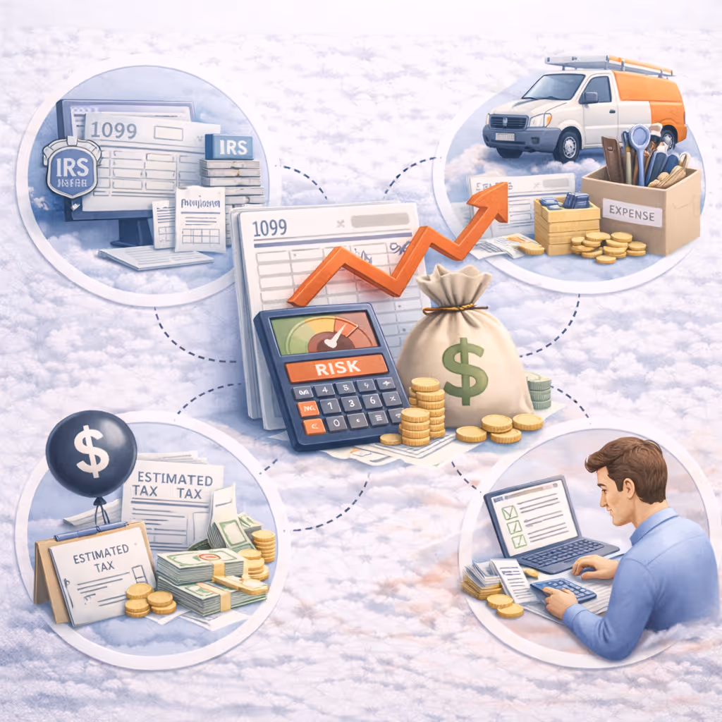 Illustration showing 1099 tax forms, a risk calculator with upward arrow, cash and coins, a van with expense box, estimated tax documents with money, and a man using a calculator at a laptop.
