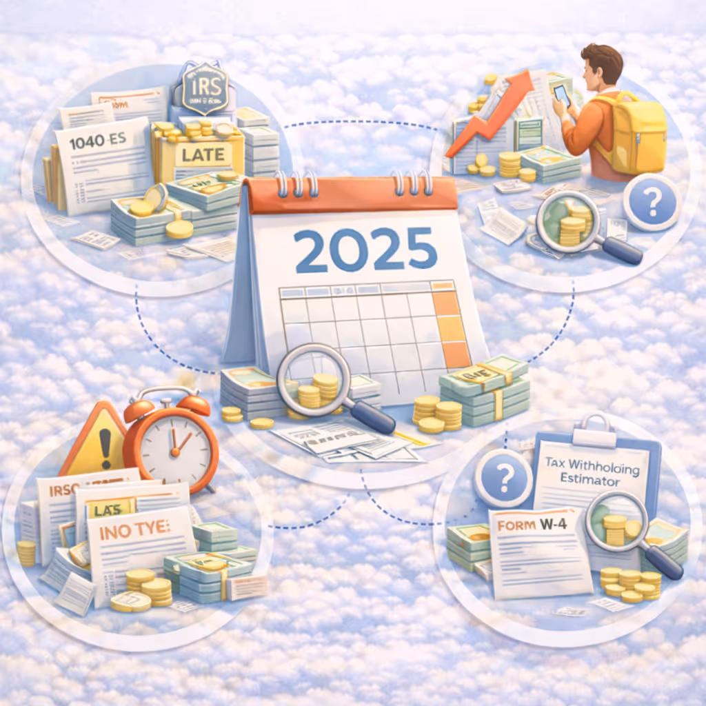 Illustration of a 2025 calendar surrounded by tax forms, money stacks, magnifying glasses, a clock, and a person checking a phone, representing tax year 2025 and related financial activities.