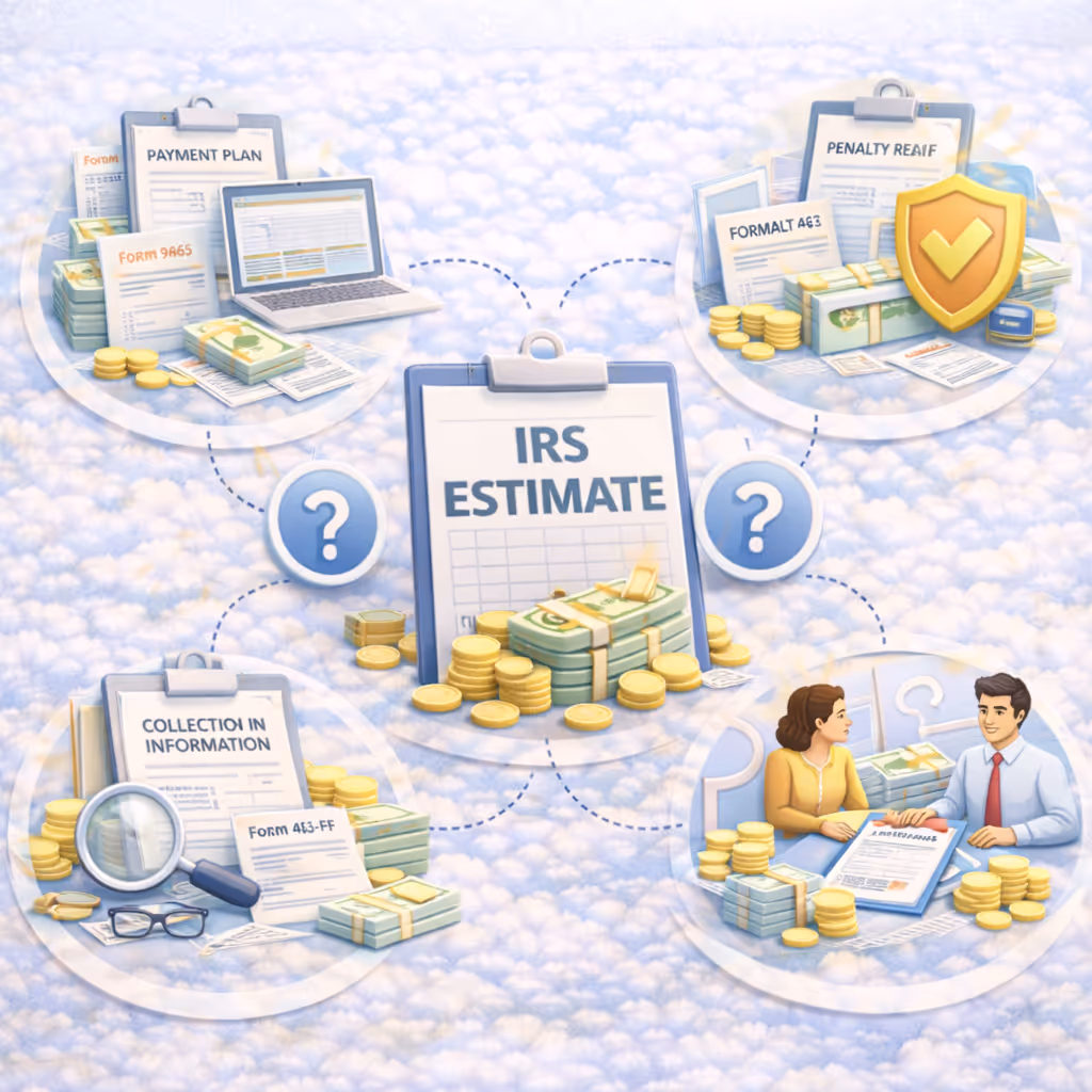 Illustration showing an IRS estimate at the center surrounded by four scenarios: payment plan with forms and a laptop, penalty relief with shield and money, collection information with magnifying glass and glasses, and a man and woman discussing an IRS response with money stacks.