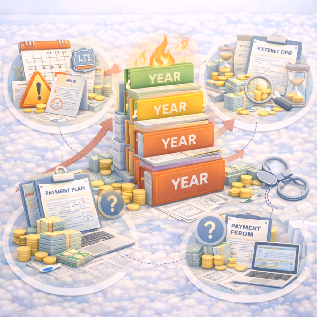 Illustration showing stacked IRS tax year folders on fire surrounded by icons representing tax notices, payment plans, audits, and disputed payments with money and documents.