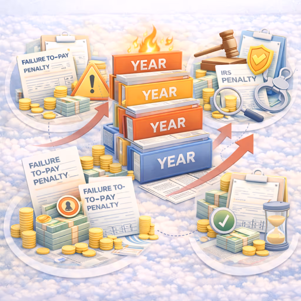 Illustration showing a stack of year-labeled binders in the center with arrows pointing to documents labeled 'Failure to-Pay Penalty' and 'IRS Penalty,' surrounded by money, coins, legal symbols, and warning signs indicating penalties accumulating over years.