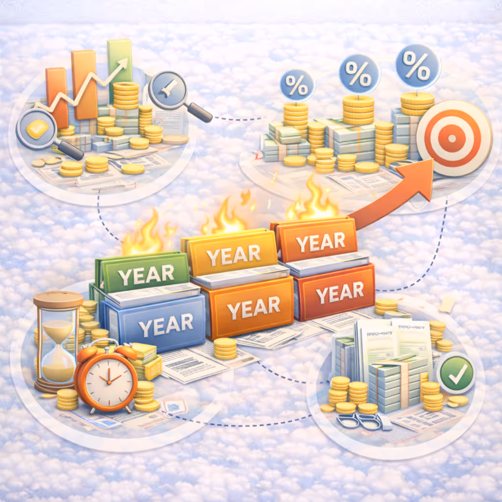 Illustration of stacked years on folders with money, an hourglass, and a clock, surrounded by charts, magnifying glasses, and percentage signs indicating financial growth and compounding over time.