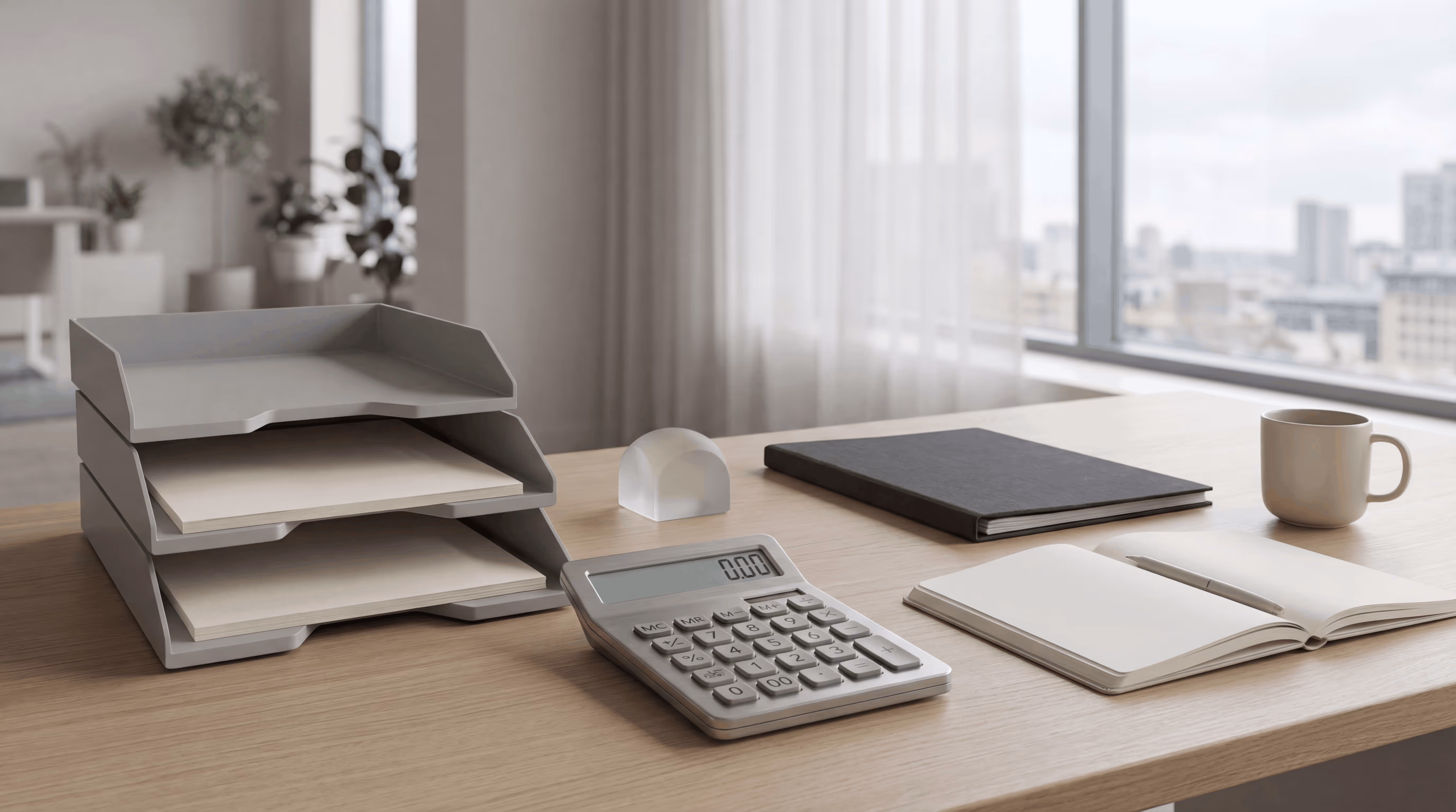 Stack of papers with a pen on top on a desk, next to a small folded newspaper labeled NEWS, with a calculator and office shelves in the background.