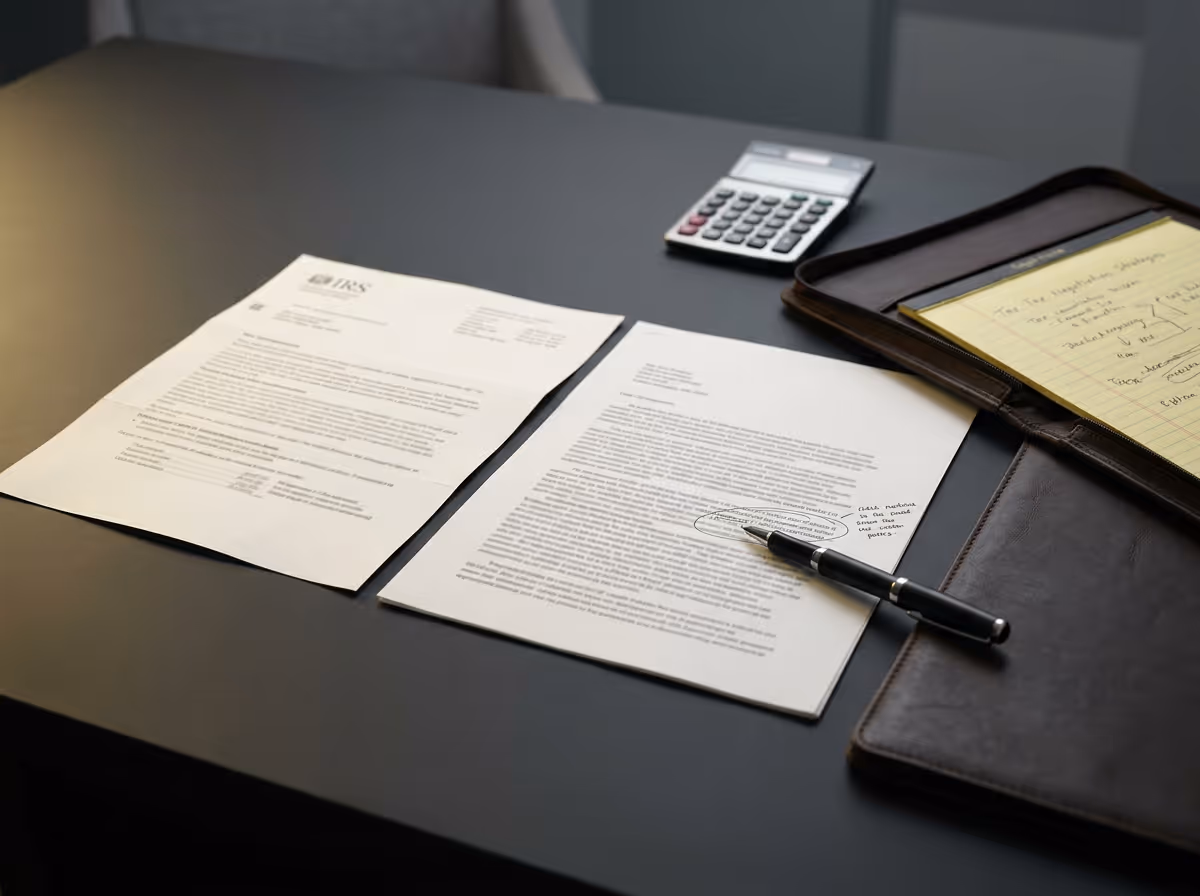 Two typed documents on a dark desk, one with IRS letterhead, a pen resting on the other with handwritten notes circled, next to a calculator and a leather portfolio containing a notepad with handwritten text and diagrams.