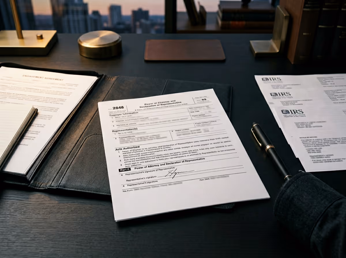 Desk with legal documents including a signed Power of Attorney form, a pen in a holder, and a city skyline visible through the window.