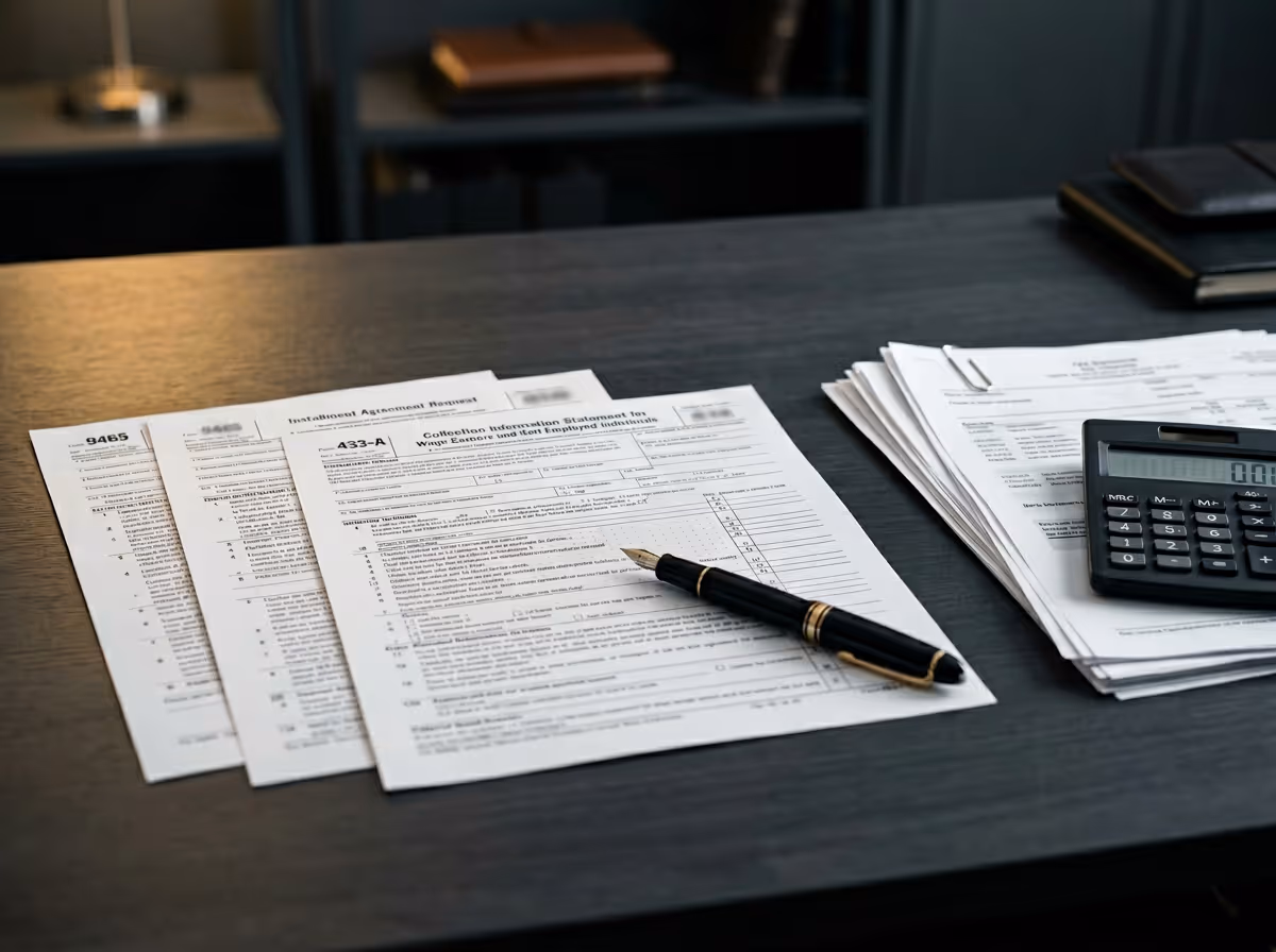 Stack of employment tax forms on a dark wooden desk with a fountain pen on top and a calculator beside another pile of papers.