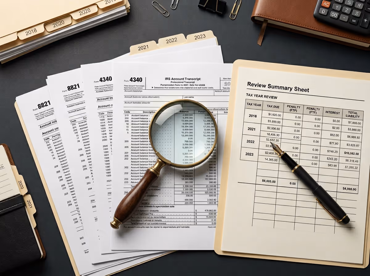 Review summary sheet and IRS account transcript documents with a magnifying glass and pen on a dark desk.