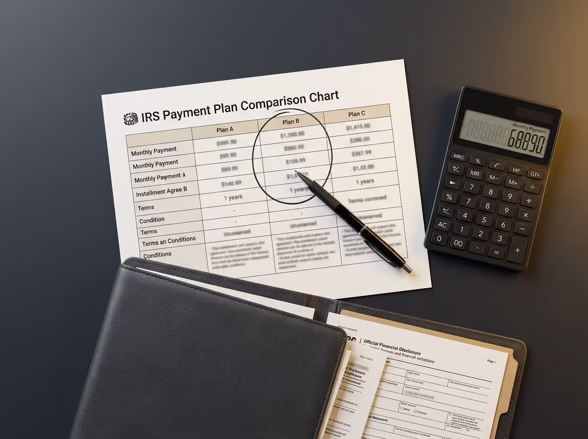 IRS Payment Plan Comparison Chart with Plan B circled, a pen pointing at Plan B details, a calculator showing 68890, and a black leather folder with documents on a dark surface.