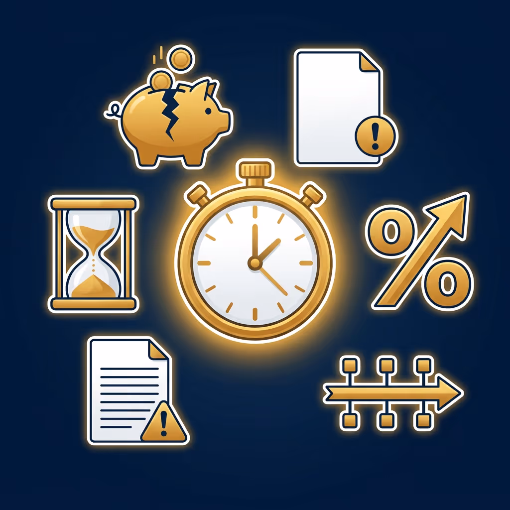 Icons representing financial concepts: broken piggy bank with coins, two documents with exclamation marks, hourglass, stopwatch at 1 o'clock, rising percentage sign, and timeline arrow.