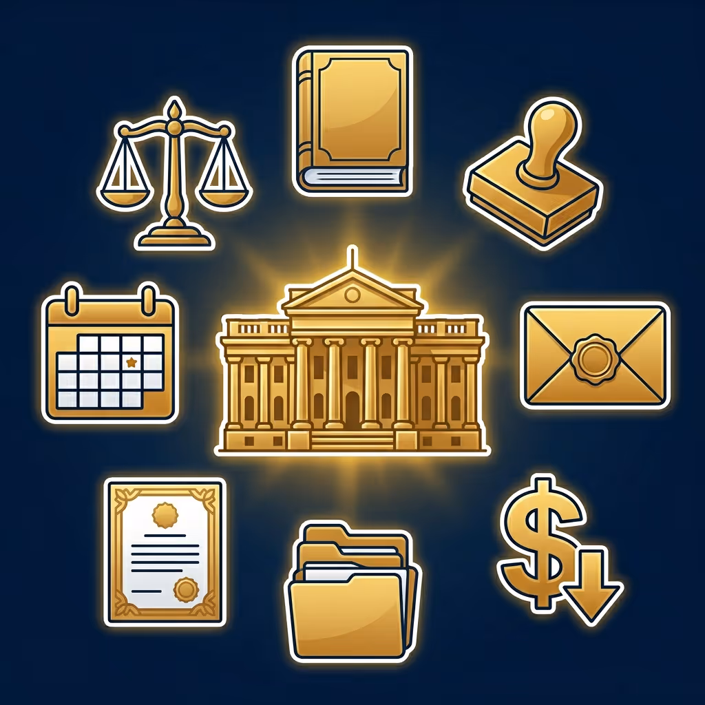 Icons representing legal and administrative concepts including scales of justice, a book, a stamp, a calendar with a marked date, a courthouse, a sealed envelope, a certificate, file folders, and a dollar sign with a downward arrow.