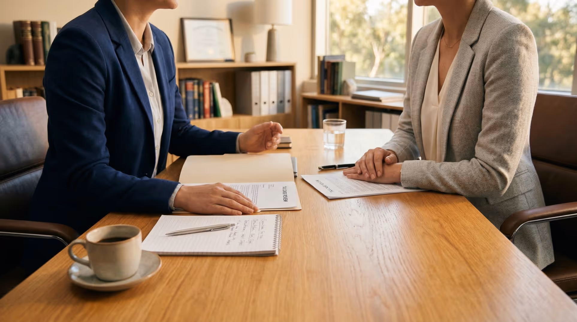 Dos mujeres profesionales sentadas ante un escritorio de madera revisando documentos durante una reunión de negocios.