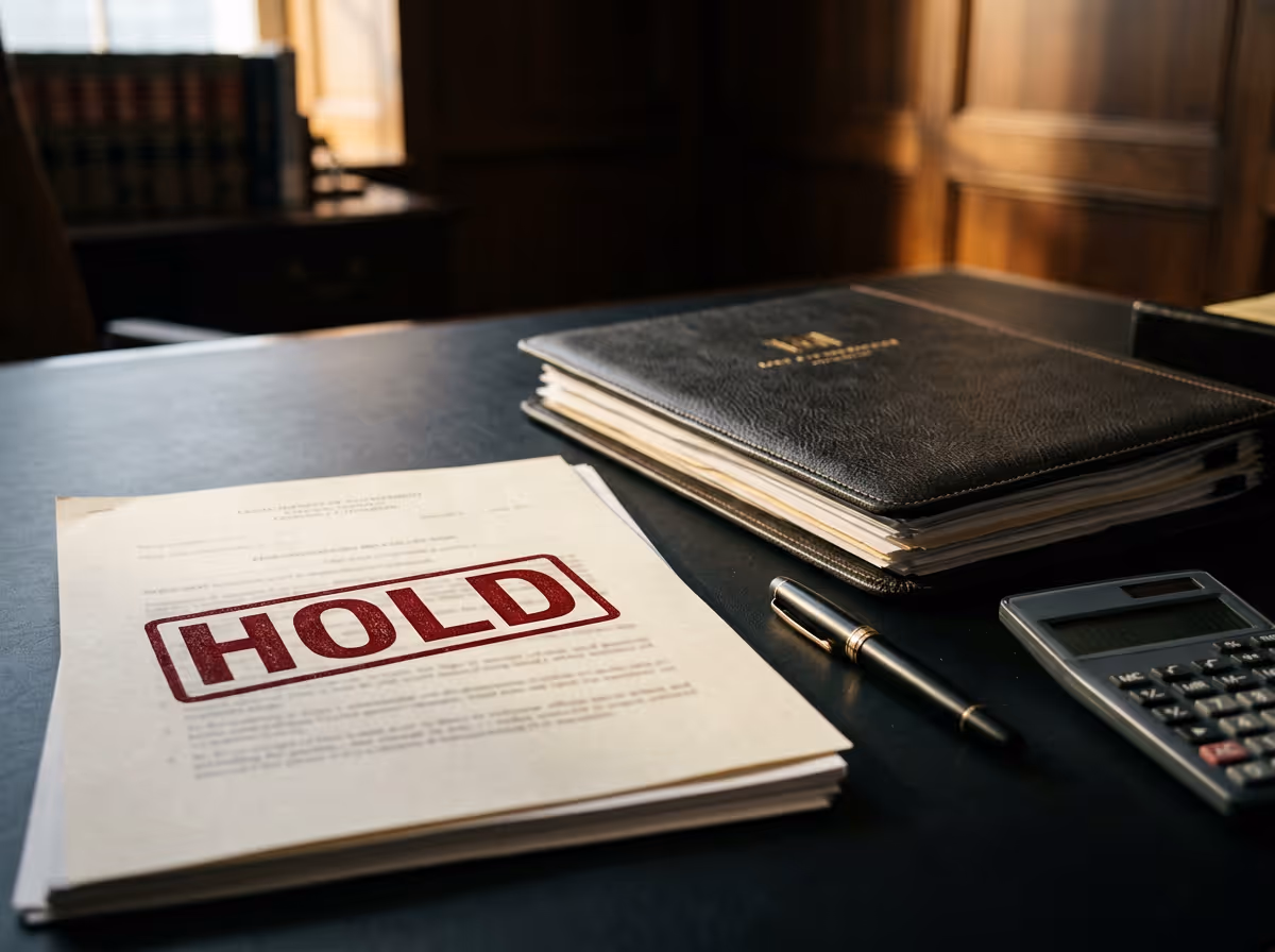 Legal documents on a desk stamped with a large red HOLD, next to a pen, a calculator, and a leather-bound folder.