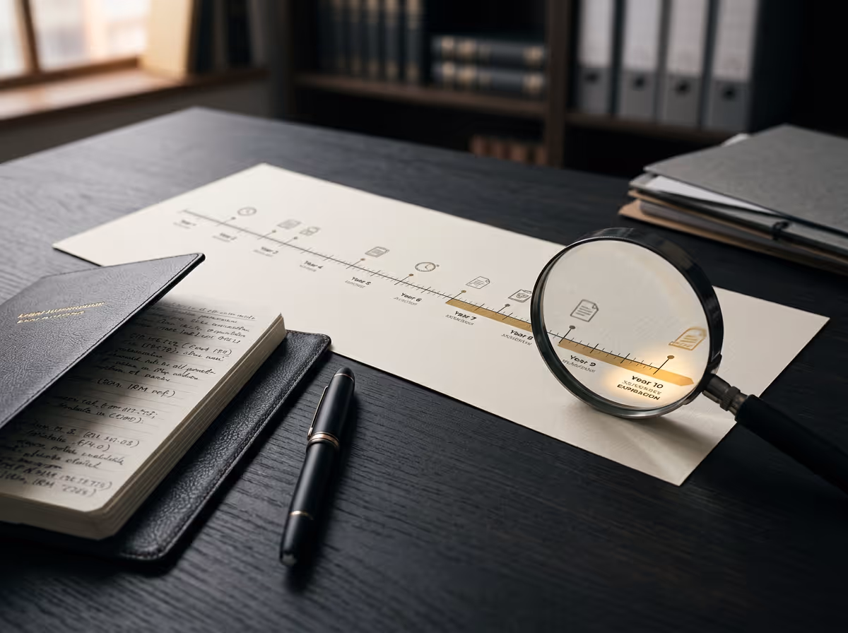 Magnifying glass focusing on a timeline document on a desk, with a black pen and an open notebook with handwritten notes nearby.