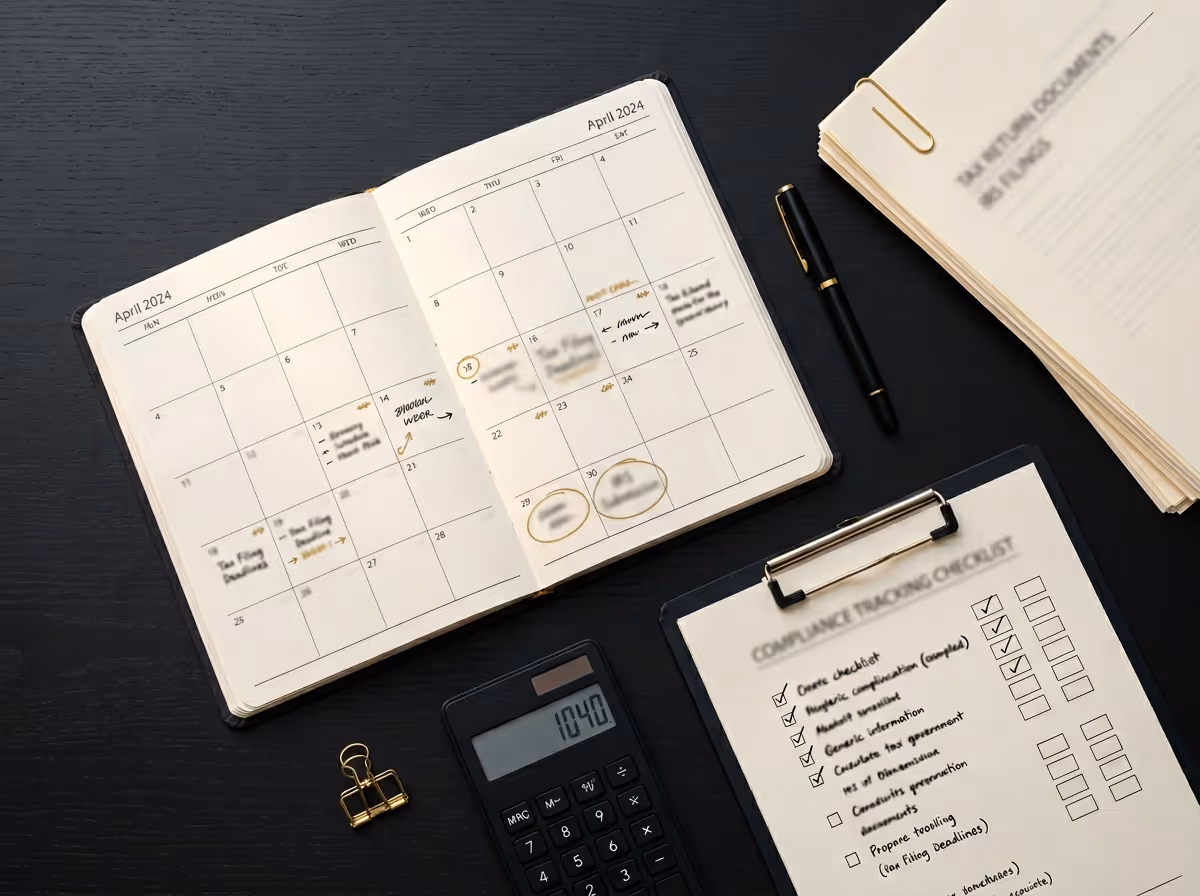 Open April 2024 calendar planner with handwritten notes, black pen, tax return documents with paperclip, calculator displaying 1040, and a compliance tracking checklist on a clipboard on a dark wooden surface.