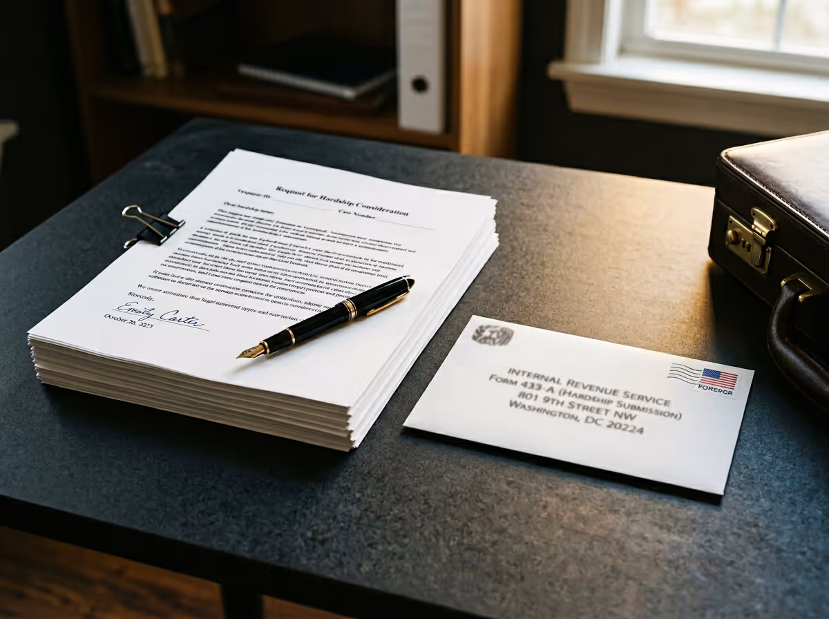Stack of signed hardship consideration request letters with a fountain pen on top and an addressed envelope to the IRS on a black desk.