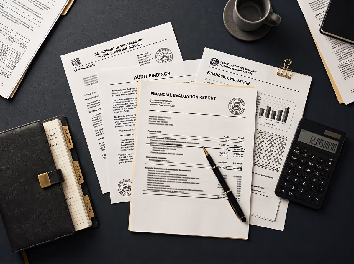 Financial documents including a financial evaluation report, audit findings, and official notices from the Department of the Treasury, with a pen, calculator, coffee cup, and a planner on a dark desk.