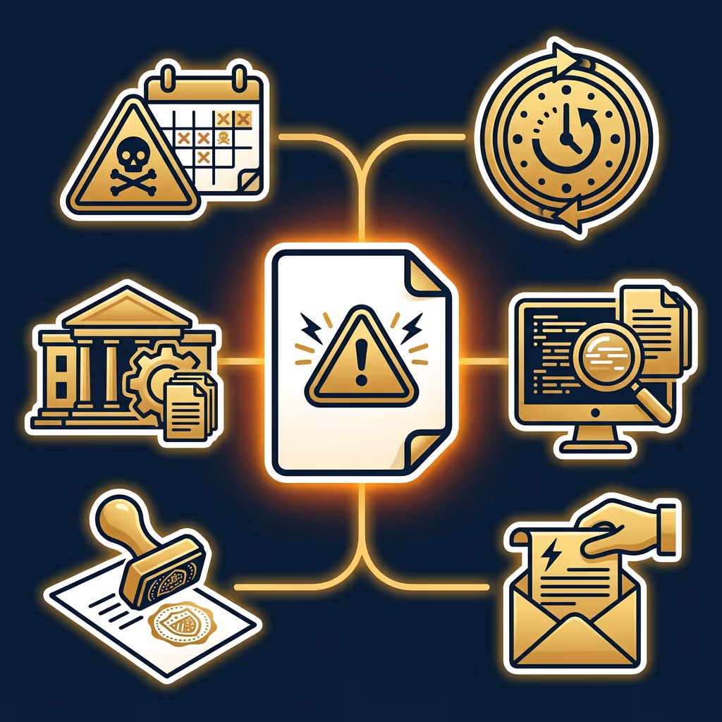 Central document with an exclamation warning surrounded by icons of a calendar with a skull warning, a clock with circular arrows, a courtroom building with documents, a computer with magnifying glass and documents, a hand placing a letter in an envelope, and a stamp on a document, illustrating enforcement and substitute return filing concepts.