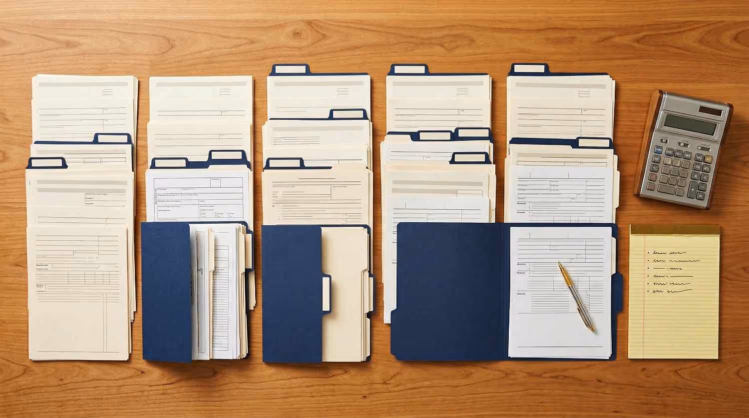 Documentos fiscales ordenados en carpetas azules, un bolígrafo, una lista de comprobación en un bloc amarillo y una calculadora sobre una mesa de madera.