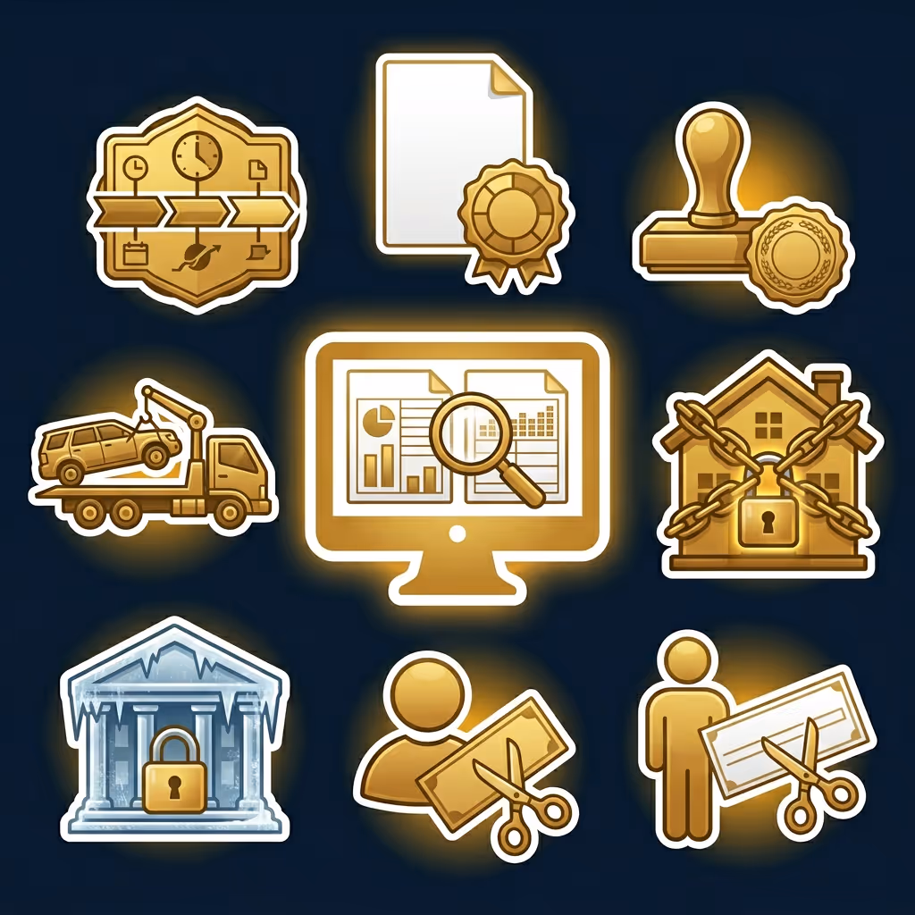 Nine gold and silver icons representing legal and financial concepts including a timeline with clock, certificate, stamp, tow truck, computer with analytics, chained house, locked courthouse, person cutting coupon, and person cutting check.