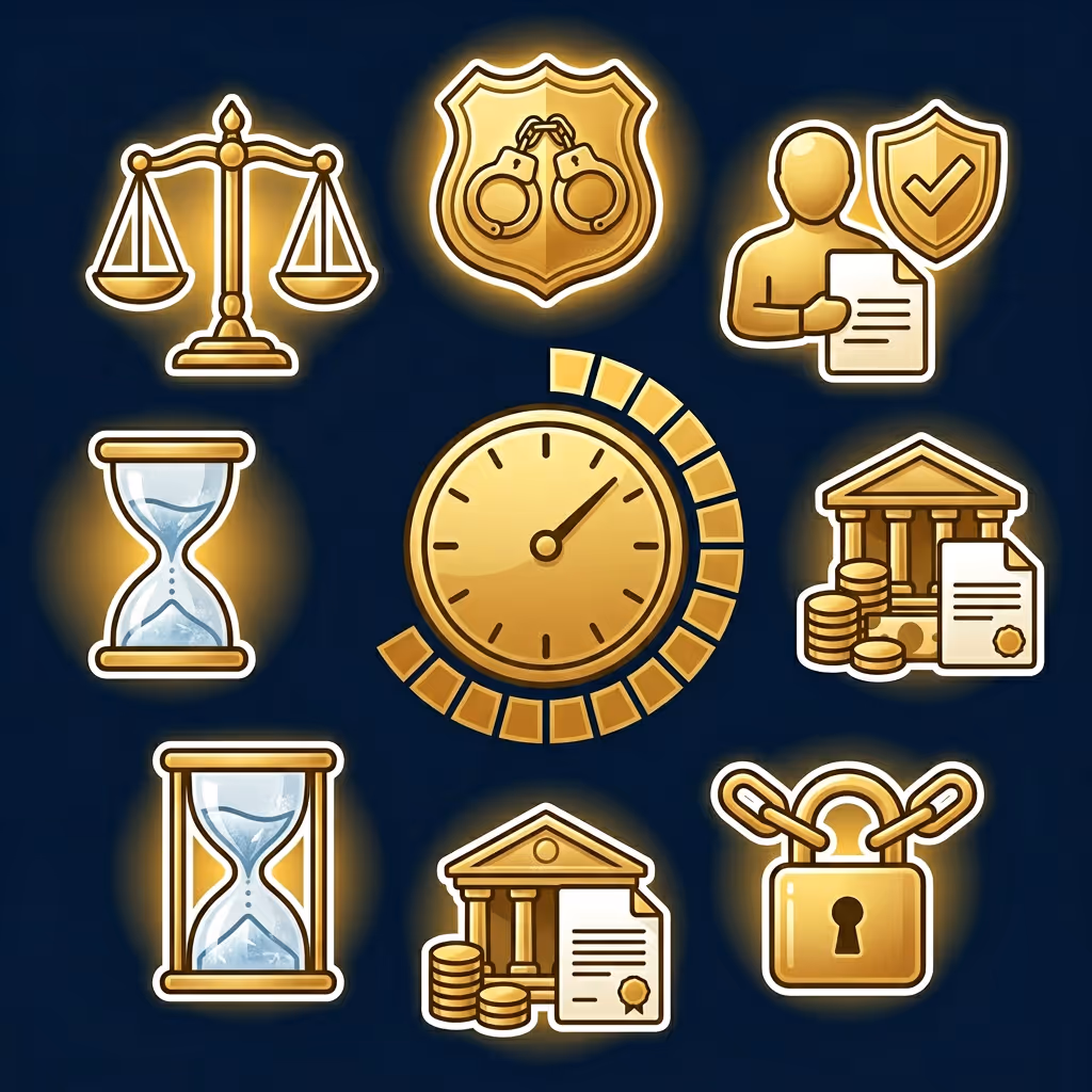 Set of gold legal and financial icons including scales of justice, handcuffs badge, person with document and shield, two hourglasses, clock with segments, courthouse with coins and document, and a locked padlock with chain.