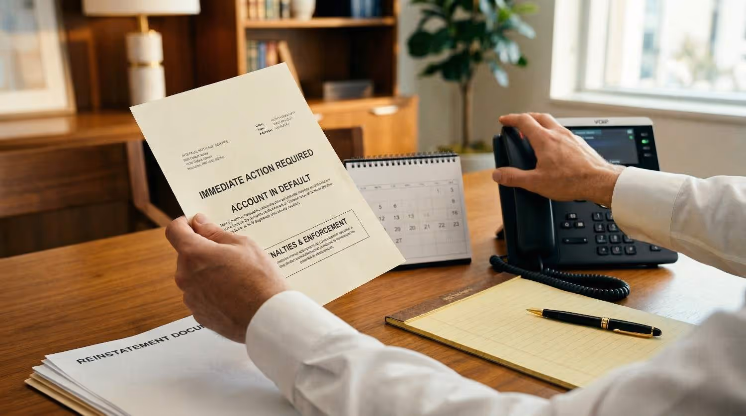 Una persona que sostiene un documento titulado «Acción inmediata requerida: cuenta en mora» mientras se dispone a contestar el teléfono fijo.