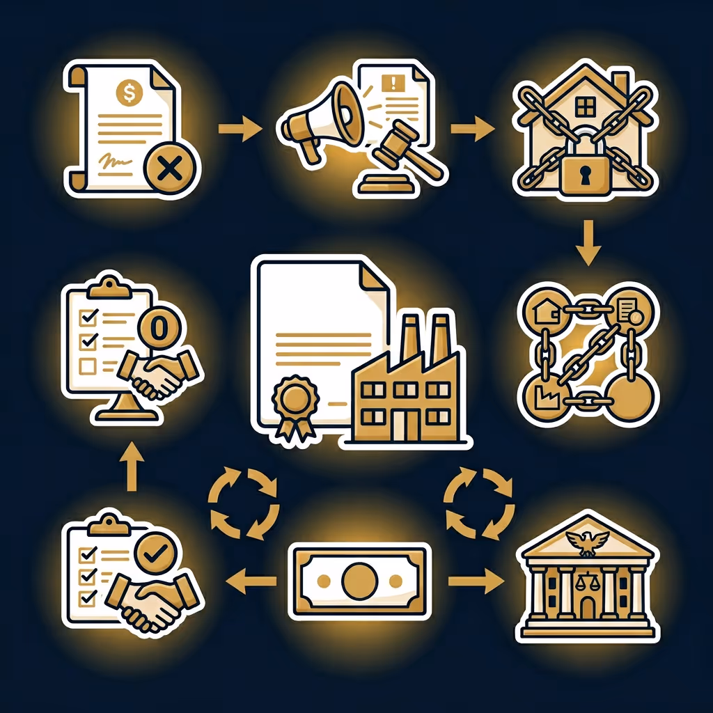 Flowchart illustrating the process of federal tax liens, showing documents, legal actions, property locks, agreements, certificates, cash flow, and courthouse steps.