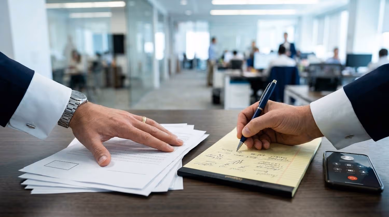 Two men in suits at an office desk, one holding documents and the other writing notes on a yellow legal pad next to a smartphone on a call.