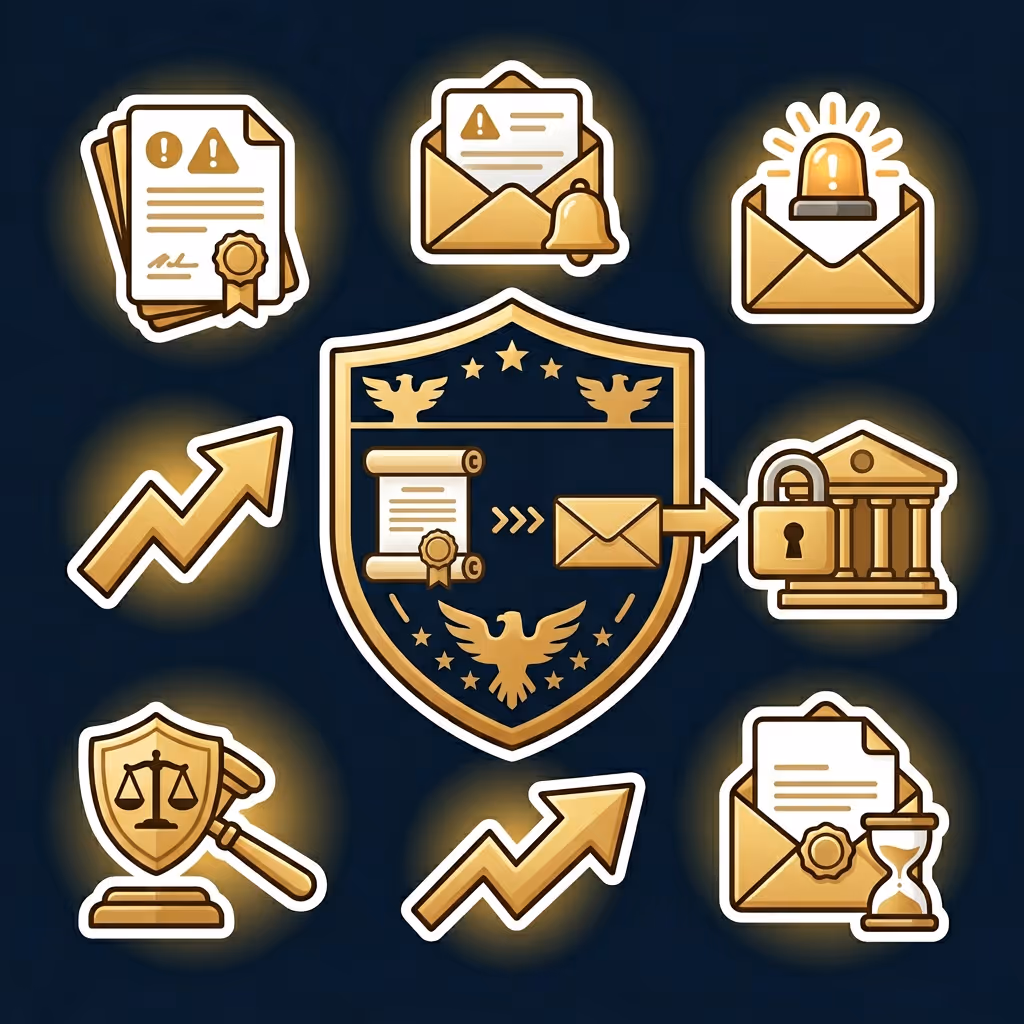 Illustration of IRS collection authority concept with golden icons including documents with warnings, envelopes with alerts and locks, legal scales with gavel, upward arrows indicating growth, and a shield with an eagle and documents.